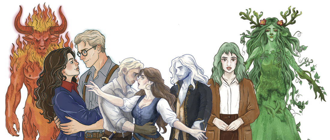 Illustrated characters from AF Joyce's stories, standing together